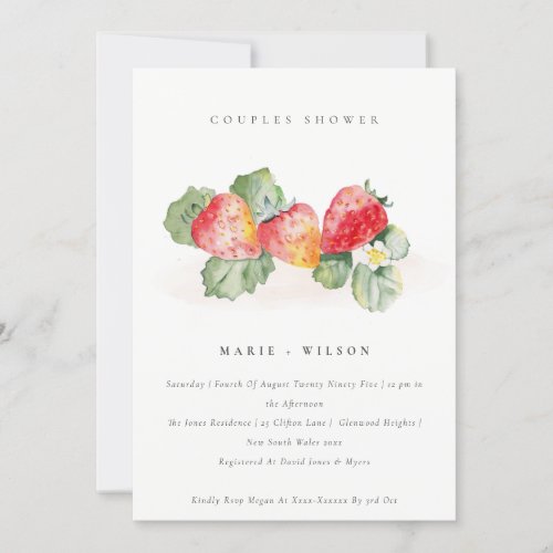 Cute Red Strawberry Leafy Foliage Couples Shower Invitation