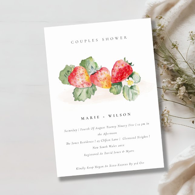 Cute Red Strawberry Leafy Foliage Couples Shower Invitation (Creator Uploaded)