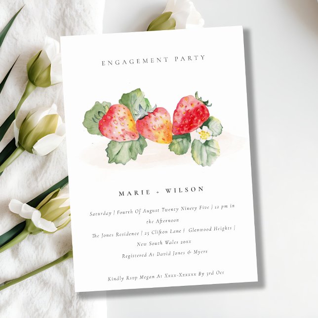 Cute Red Strawberry Leafy Foliage Engagement Invitation (Creator Uploaded)