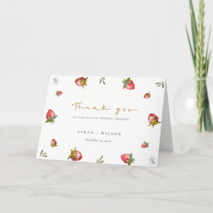 Cute Red Strawberry Leafy Green Botanical Wedding Letterpress Thank You Card