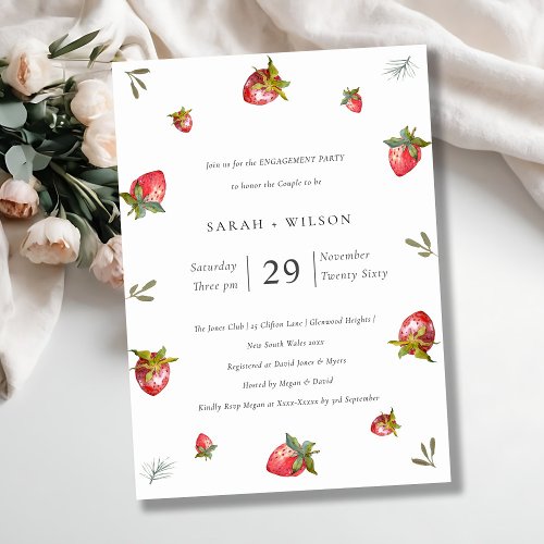 Cute Red Strawberry Leafy Green Engagement Invite