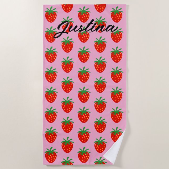 Cute red strawberry pattern personalized beach towel (Front)