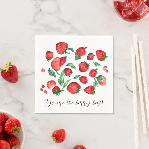Cute Red Strawberry Pun Fruits Watercolor Pattern Napkins