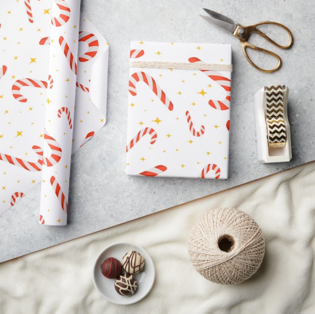 Cute Red Striped Candy Cane Gold Star Christmas Wrapping Paper (Crafts)