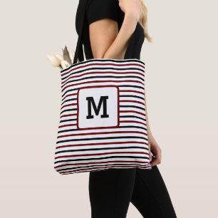 Cute Red Stripes Custom Single Initial Black Tote Bag
