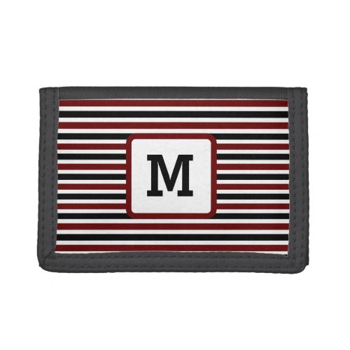 Cute Red Stripes Custom Single Initial Black Trifold Wallet