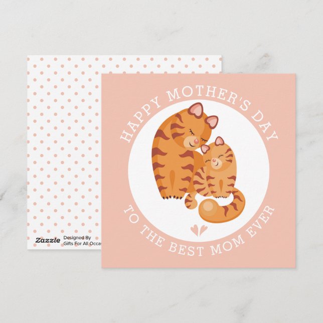 Cute red tiger cat and kitty pink Mothers Day Holiday Card (Front/Back)