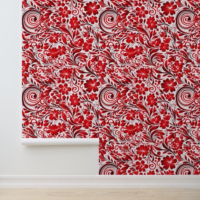 Cute red tiled twirl floral pattern wallpaper  (Application)
