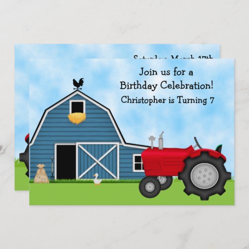 Cute Red Tractor and Blue Barn Farm Birthday Party Invitation