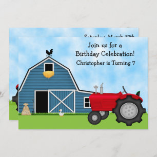 Cute Red Tractor and Blue Barn Farm Birthday Party Invitation