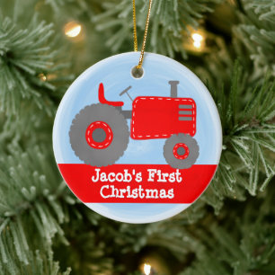 Cute Red Tractor Baby's First Christmas Watercolor Ceramic Ornament