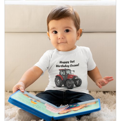 Cute Red Tractor Farm Equipment 1st Birthday Party Baby T_Shirt
