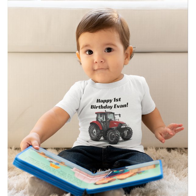Cute Red Tractor Farm Equipment 1st Birthday Party Baby T-Shirt (Creator Uploaded)