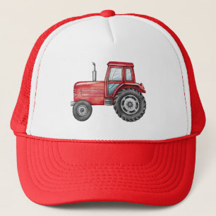 Cute Red Tractor Farm Watercolor Kids  Trucker Hat