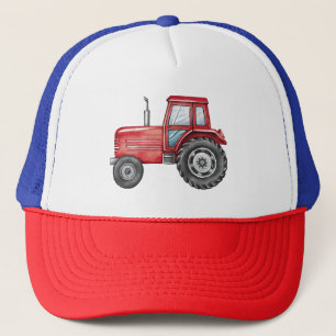 Cute Red Tractor Farm Watercolor Kids  Trucker Hat