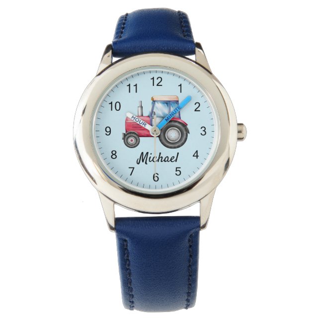 Cute Red Tractor Farm Watercolor Kids  Watch (Front)