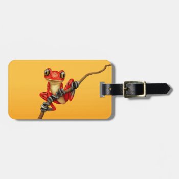 Cute Red Tree Frog On A Branch On Yellow Luggage Tag by crazycreatures at Zazzle