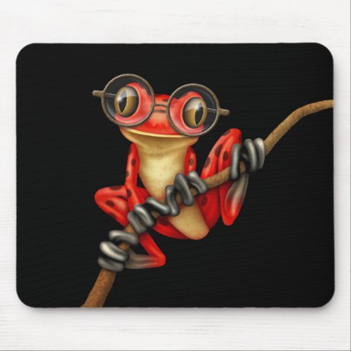 Cute Red Tree Frog with Eye Glasses on Black Mouse Pad