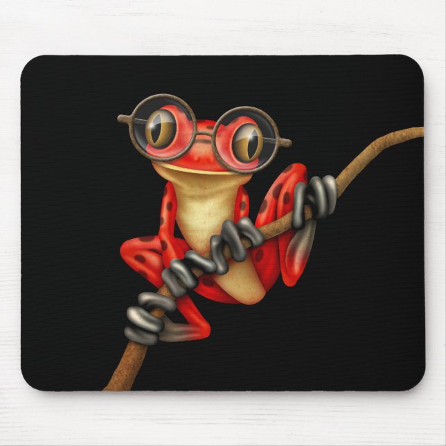 Cute Red Tree Frog with Eye Glasses on Black Mouse Pad (Front)