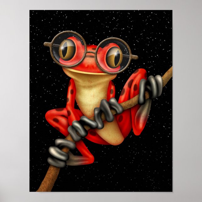 Cute Red Tree Frog with Eye Glasses with Stars Poster (Front)