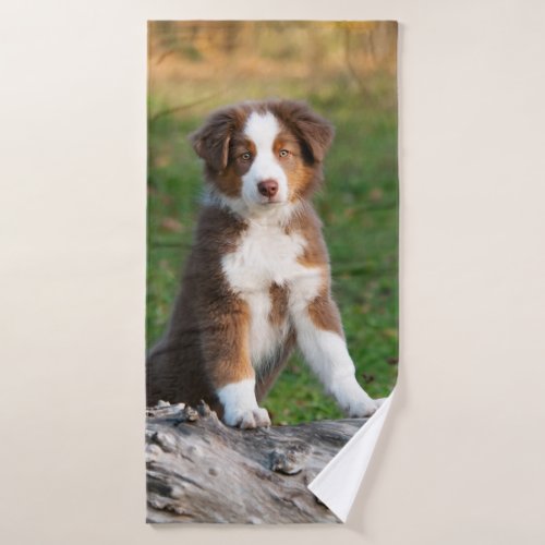 Cute Red Tri Australian Shepherd Dog Puppy Photo  Bath Towel Set