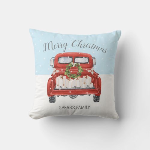 Cute Red Truck Blue White Christmas Throw Pillow