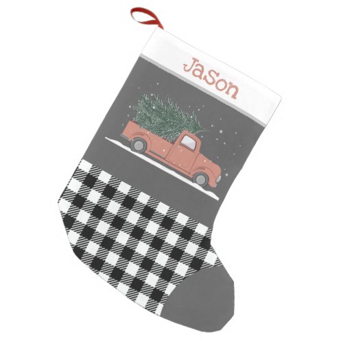 Cute red truck buffalo plaid black white monogram small christmas stocking