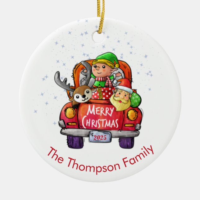  Cute Red Truck Christmas Name  Santa Elf Reindeer Ceramic Ornament (Front)