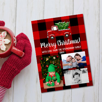 Cute Red Truck Rustic Christmas Family 3 Photo Invitation by ChristmasCardShop at Zazzle