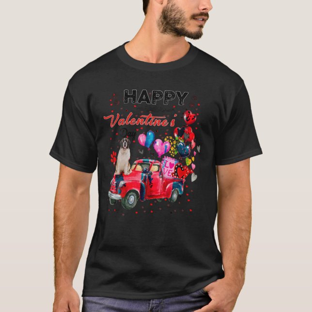 Cute Red Truck Saint Bernard Valentines Day Costum T-Shirt (Front)