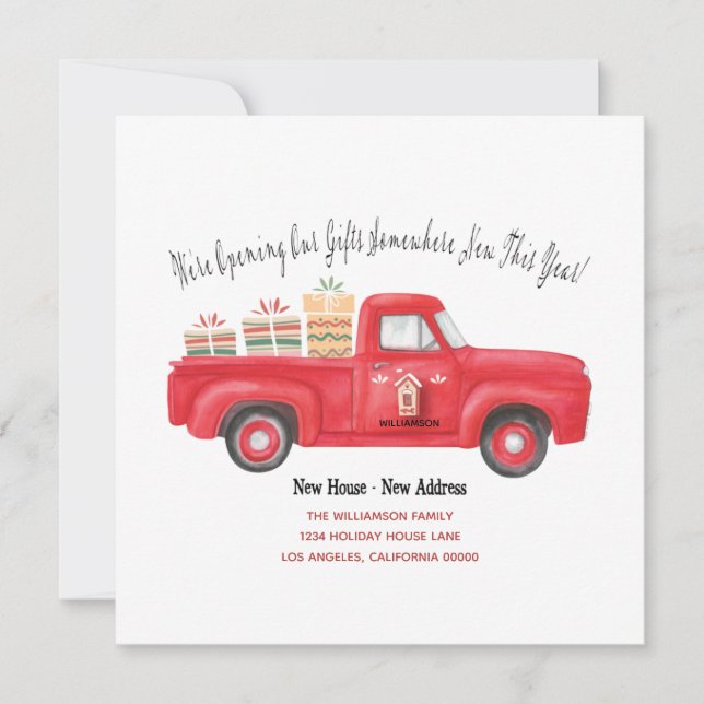 Cute Red Truck We've Moved Holiday New Address Announcement (Front)