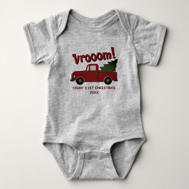 Cute red truck with a Christmas tree custom Baby Bodysuit (Front)