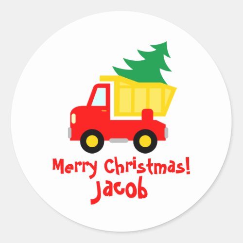 Cute red truck with Christmas tree small kids Classic Round Sticker