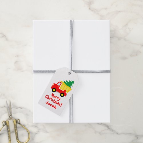 Cute red truck with tree custom kids Christmas Gift Tags