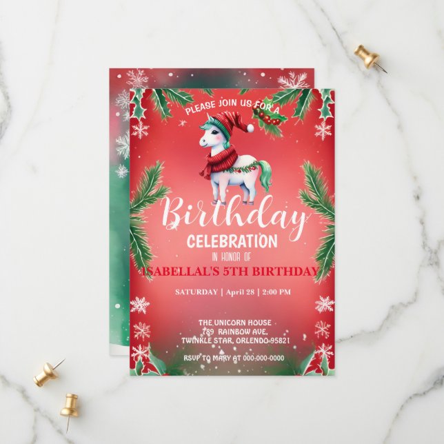 Cute Red unicorn Santa Christmas birthday party Save The Date (Front/Back In Situ)