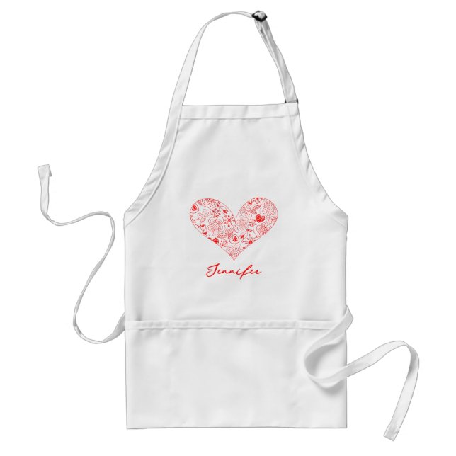Cute Red Valentine's Day Floral Heart Custom Name  Adult Apron (Front)