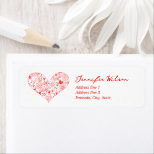 Cute Red Valentine's Day Floral Heart Custom Name Label