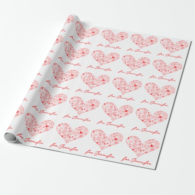 Cute Red Valentine's Day Floral Heart Custom Name  Wrapping Paper (Unrolled)