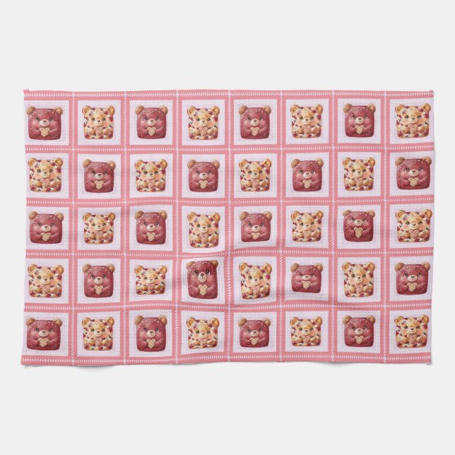 Cute Red Velvet Patchwork Cookie Teddy Bear Kitchen Towel (Horizontal)