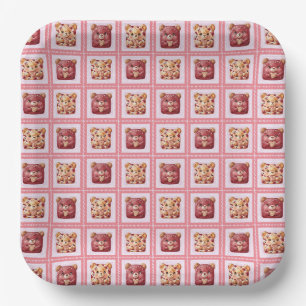 Cute Red Velvet Patchwork Cookie Teddy Bear Paper Plates