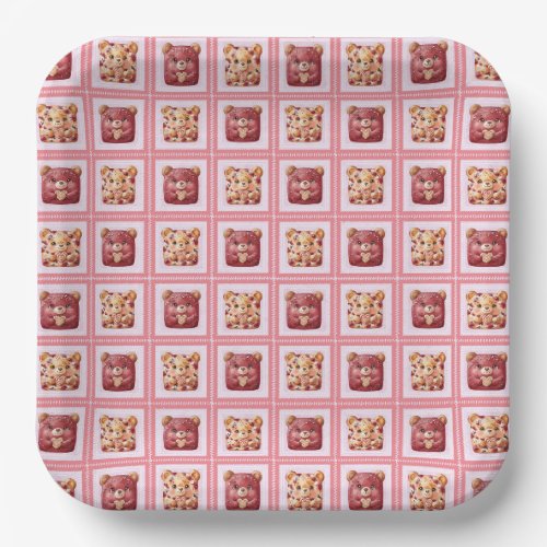 Cute Red Velvet Patchwork Cookie Teddy Bear Paper Plates