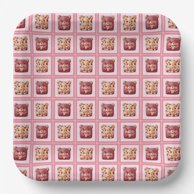 Cute Red Velvet Patchwork Cookie Teddy Bear Paper Plates (Front)