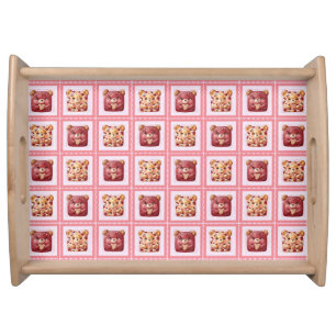 Cute Red Velvet Patchwork Cookie Teddy Bear Serving Tray