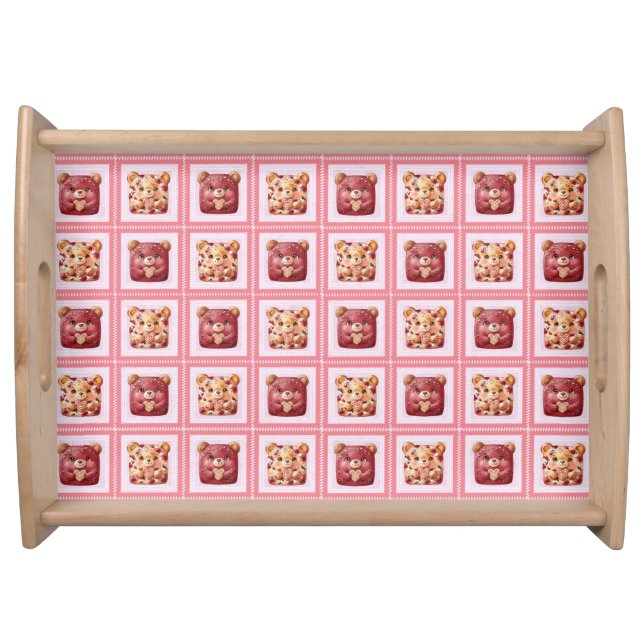 Cute Red Velvet Patchwork Cookie Teddy Bear Serving Tray (Front)