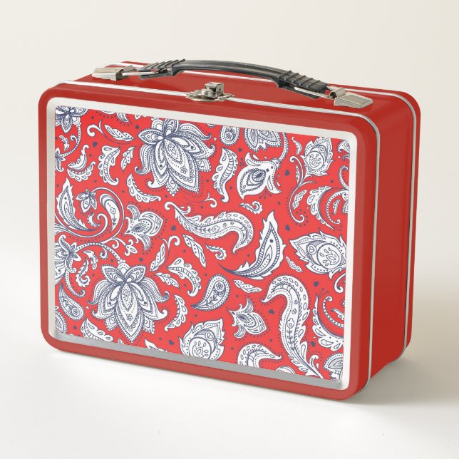 Cute red vintage flowers patterns metal lunch box (Front)