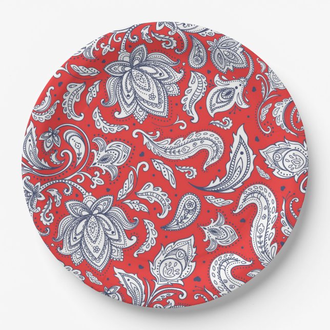 Cute red vintage flowers patterns paper plates (Front)