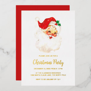 Cute Red Vintage Santa Claus Christmas Party Gold Foil Invitation