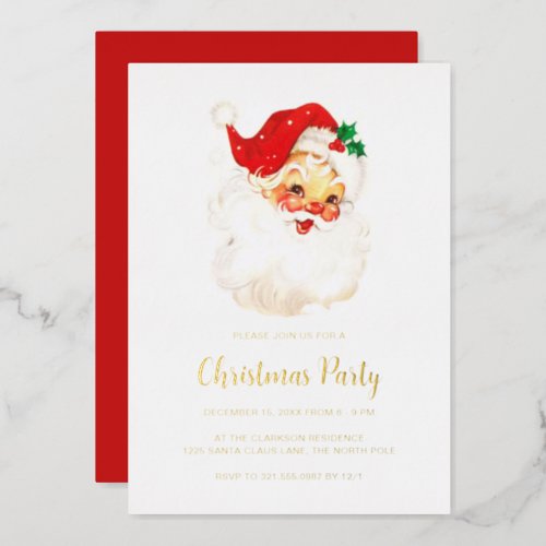 Cute Red Vintage Santa Claus Christmas Party Gold Foil Invitation
