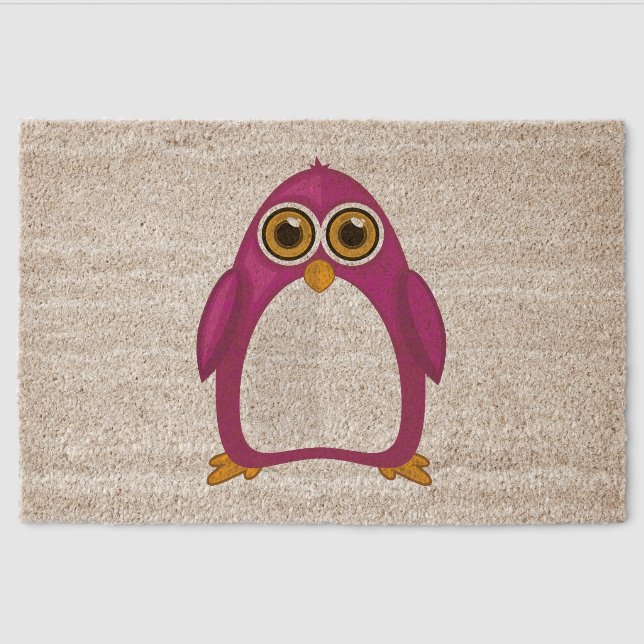 Cute Red Violet Penguin – Kawaii Cartoon Penguin Fiber Doormat (Front)