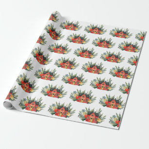 Cute Red Watercolor Christmas House Pattern Wrapping Paper
